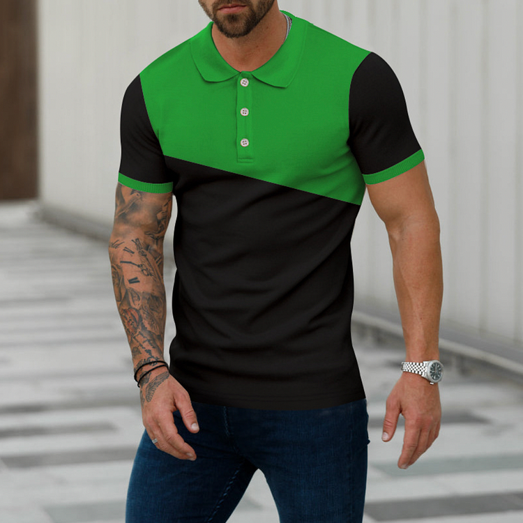 BrosWear Men's Contrast Patchwork Casual Short Sleeve Polo Shirt