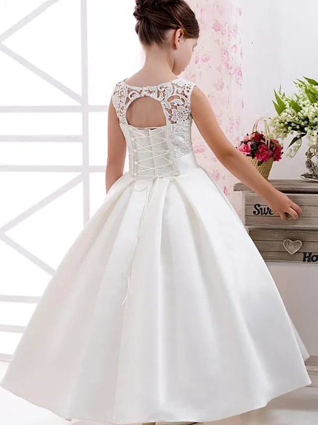 Short Sleeve Jewel Neck Flower Girl Dress With Lace