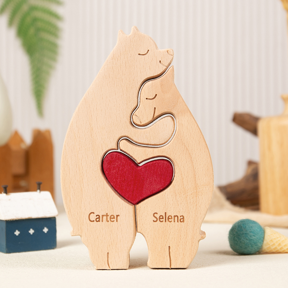 Personalized Couple Wooden Puzzle OrnamentCustom 2 Names Bear Hug