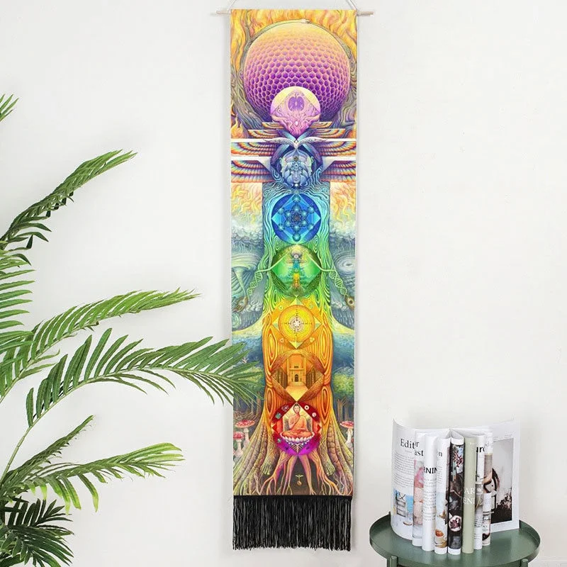 Rectangular Indian Seven Chakras Macrame Phase Tapestry Psychedelic Purple Cotton Linen Bohemia Wall Blanket Home Office Decor