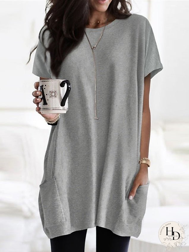 Casual Dress T Shirt Dress Tee Dress Shift Dress Mini Dress Black White Pink Short Sleeve Pure Color Pocket Summer Spring Crew Neck Classic Loose Fit S M L XL XXL for Women