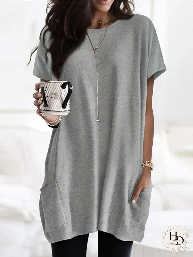 Casual Dress T Shirt Dress Tee Dress Shift Dress Mini Dress Black White Pink Short Sleeve Pure Color Pocket Summer Spring Crew Neck Classic Loose Fit S M L XL XXL for Women