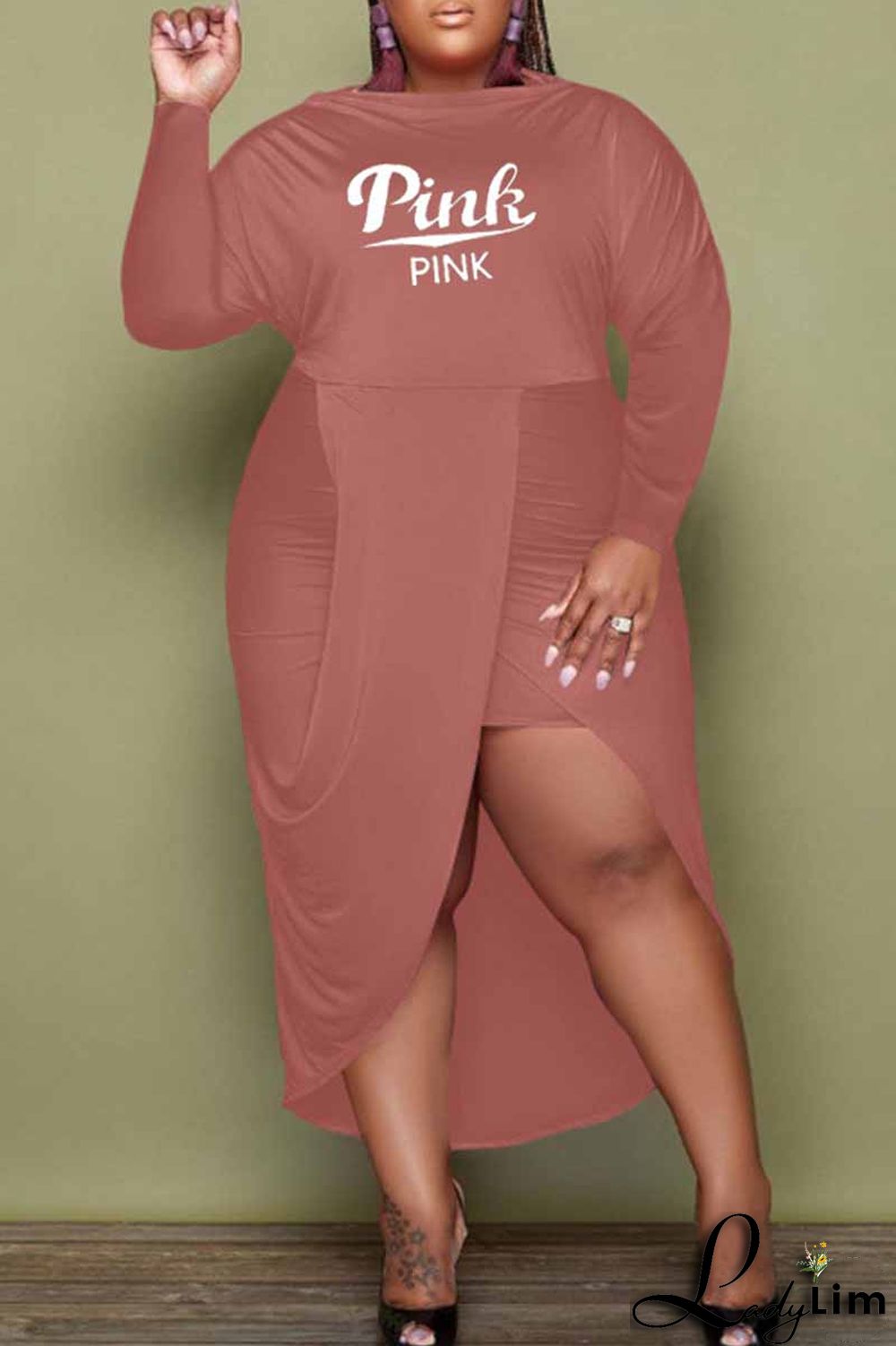 Fuchsia Fashion Sexy Letter Print Patchwork O Neck Long Sleeve Plus Size Dresses