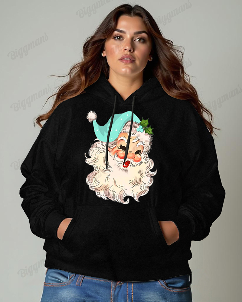 Santa Claus Head Print Women's Plus Size Cotton Hoodie