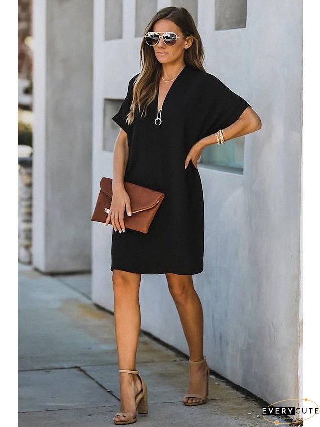 Casual Dress Midi Black White Yellow Short Sleeve Pure Color Summer Spring Neck Hot XXL