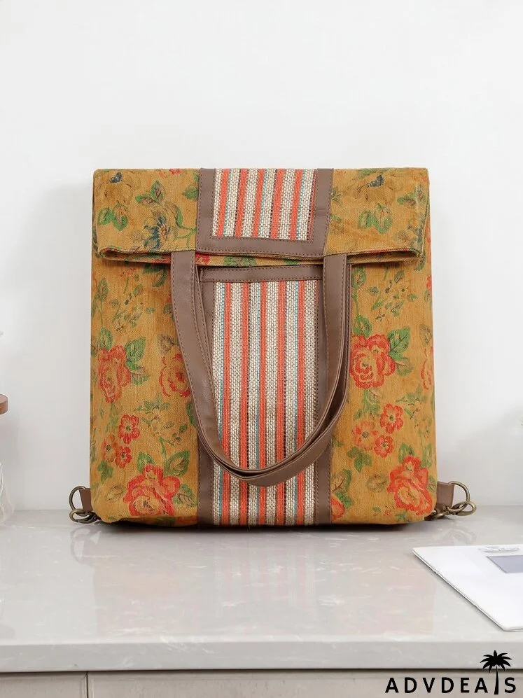 Flower Graphic Striped Tote Bag