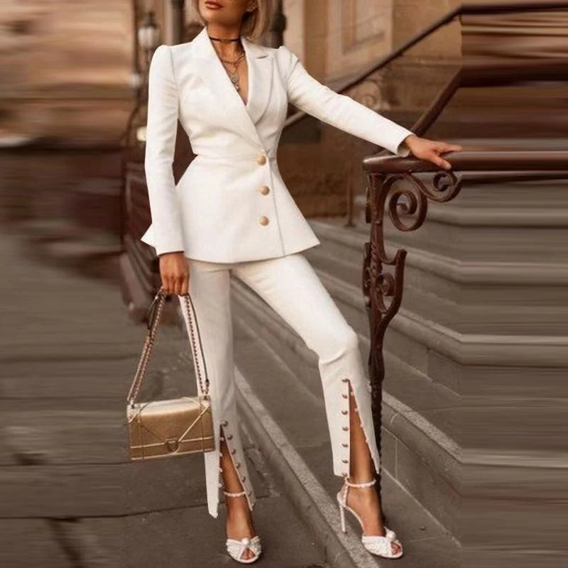 Women Long Sleeve Lapel Suit 2022 Casual Blazer Ropa De Mujer Jackets VONDA OL Office Formal Coats Long Trousers Suits 2PCS