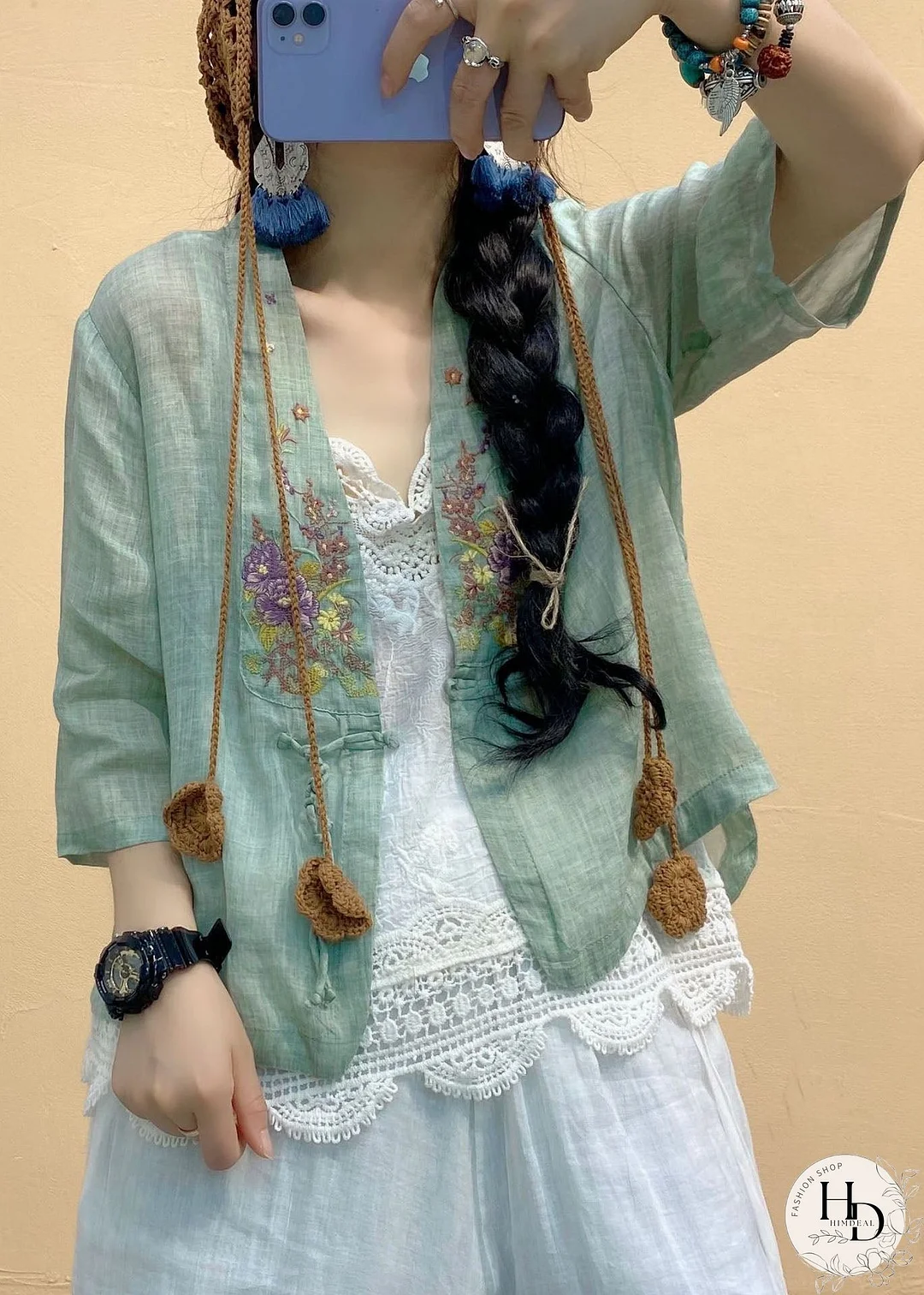 Women Light Green V Neck Embroideried Patchwork Linen Cardigan Summer