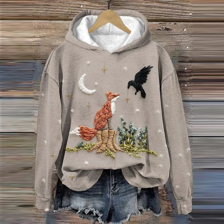 Langarm-Hoodie mit Fox-Kunstdruck