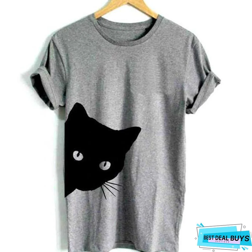 Cat Looking Print Women T-Shirt Cotton Casual Top Tee