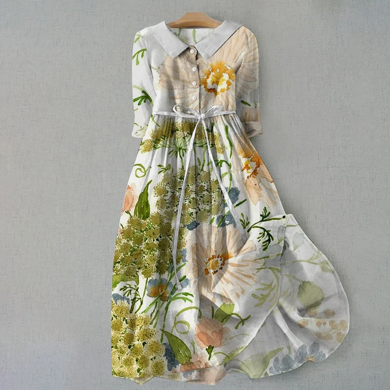 Vintage Floral Print Lapel Lace-Up Loose Midi Dress