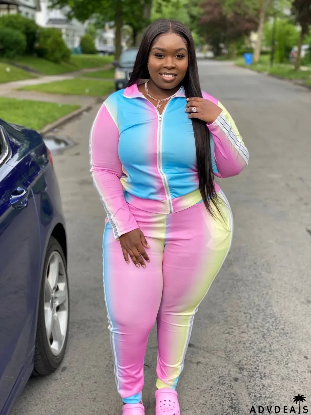 Plus Size 5XL Gradient Zipper Two Piece Pants Set