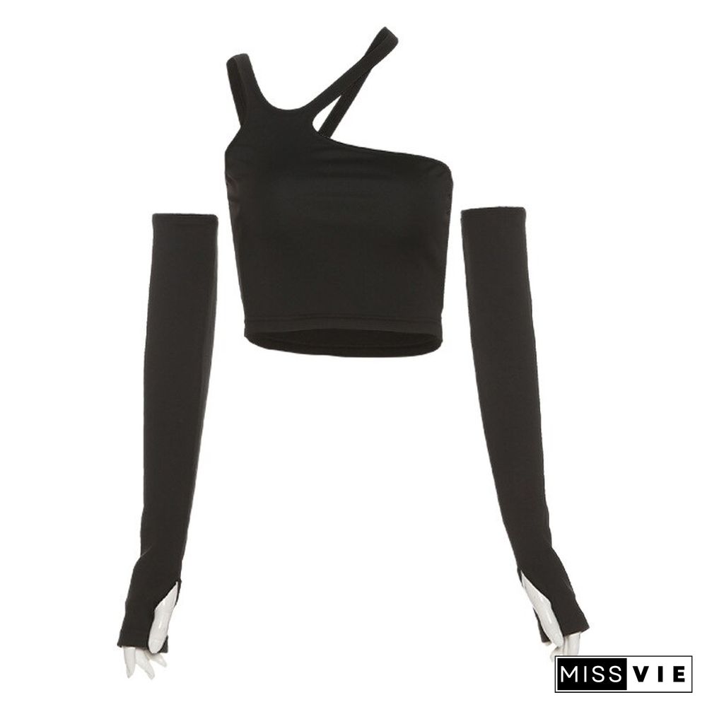 Autumn Fashion Casual Slim Solid Removable Sleeves Halter T Shirt For Women New Streetwear Wild Basic Female Top Hot