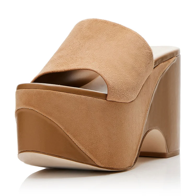 Women's Khaki Vegan Suede Open Toe Wedge Platform Mules |FSJ Shoes