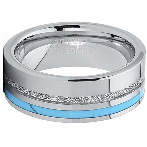 6MM 8MM Women's Or Men's Wedding Tungsten Carbide Wedding Matching Rings with Blue Turquoise and Inspired Meteorite Inlay Pipe Cut