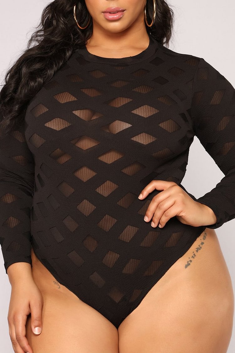 Plus Size Casual Black Long Sleeve See Through O Neck Blouse Bodysuits [Pre-Order]