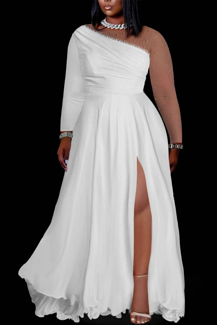 Xpluswear Plus Size White Wedding See-Through Long Sleeve High Slit Satin Maxi Dress