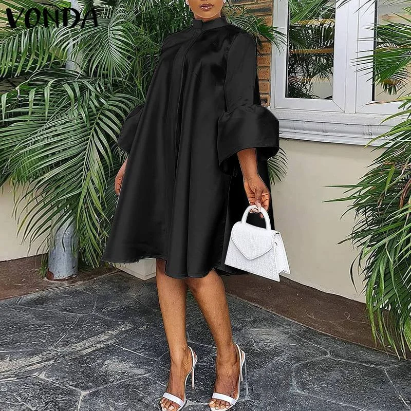 Women Elegant Cocktail Party Dress 2022 VONDA Summer Sundress Holiday Summer Stand Collar Vestido Oversized Robe Femme