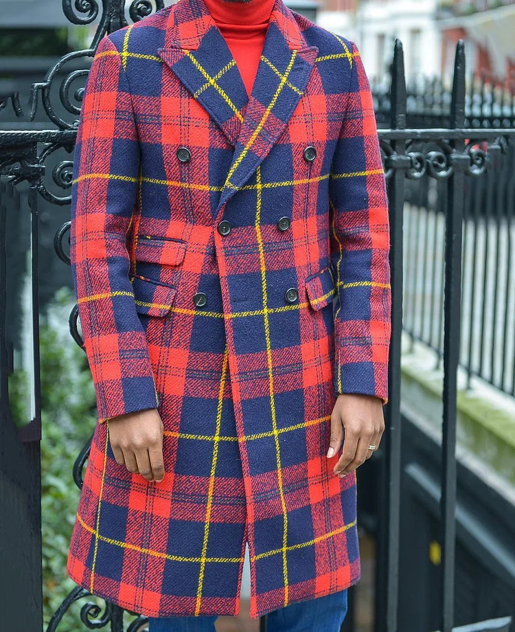 Christmas Plaid Lapel Collar Double Breasted Knee Length Coat 