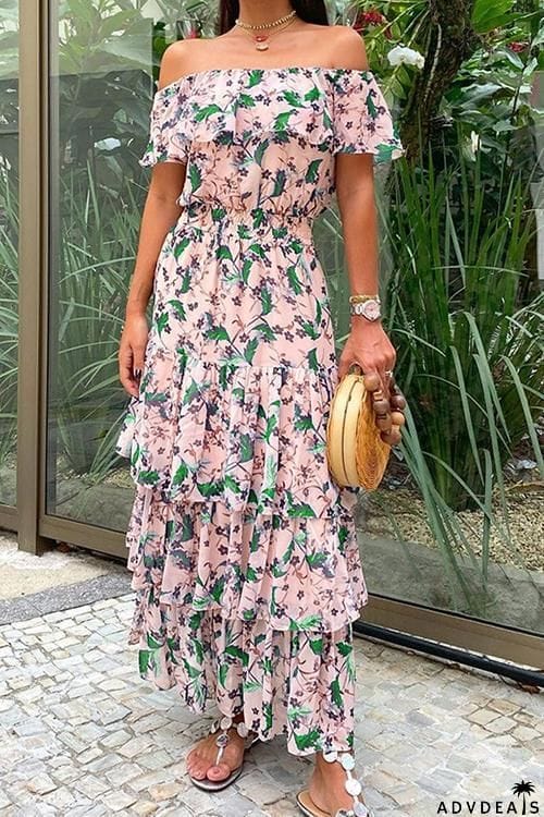 Off Shoulder Floral Layer Maxi Dress