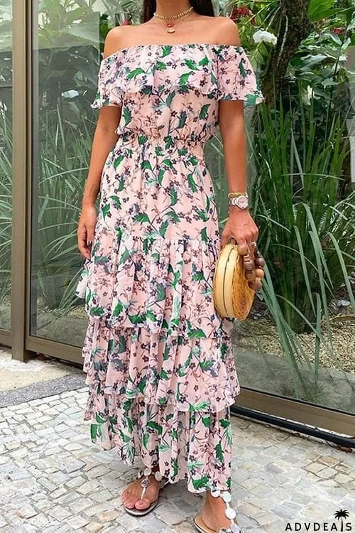 Off Shoulder Floral Layer Maxi Dress