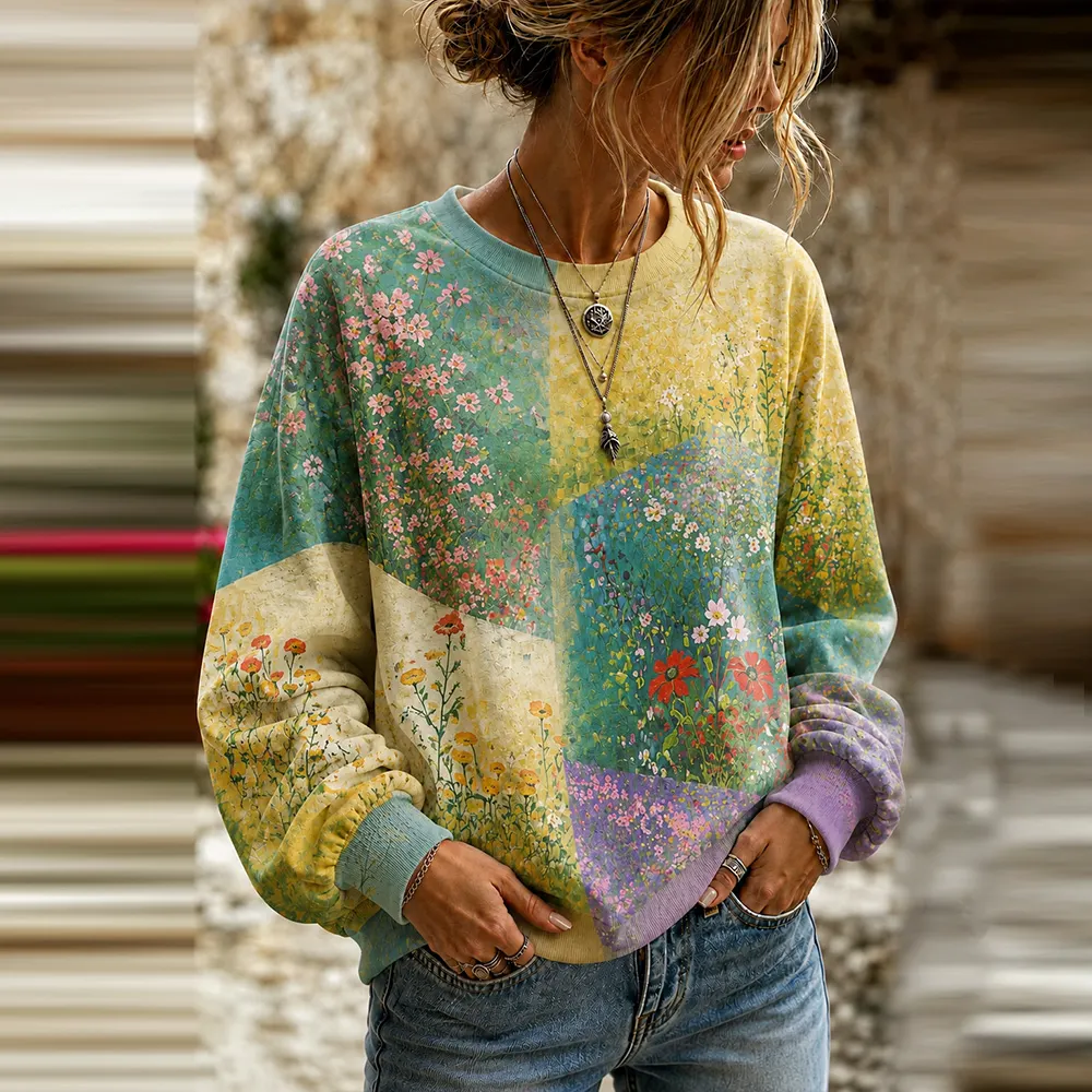 Comstylish Women's Vintage Oil Painting Small Floral Print Casual Long Sleeve Sweatshirt