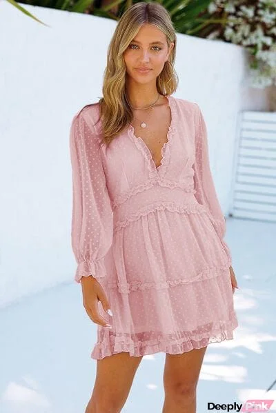Swiss Dot Frill V-Neck Mini Dress