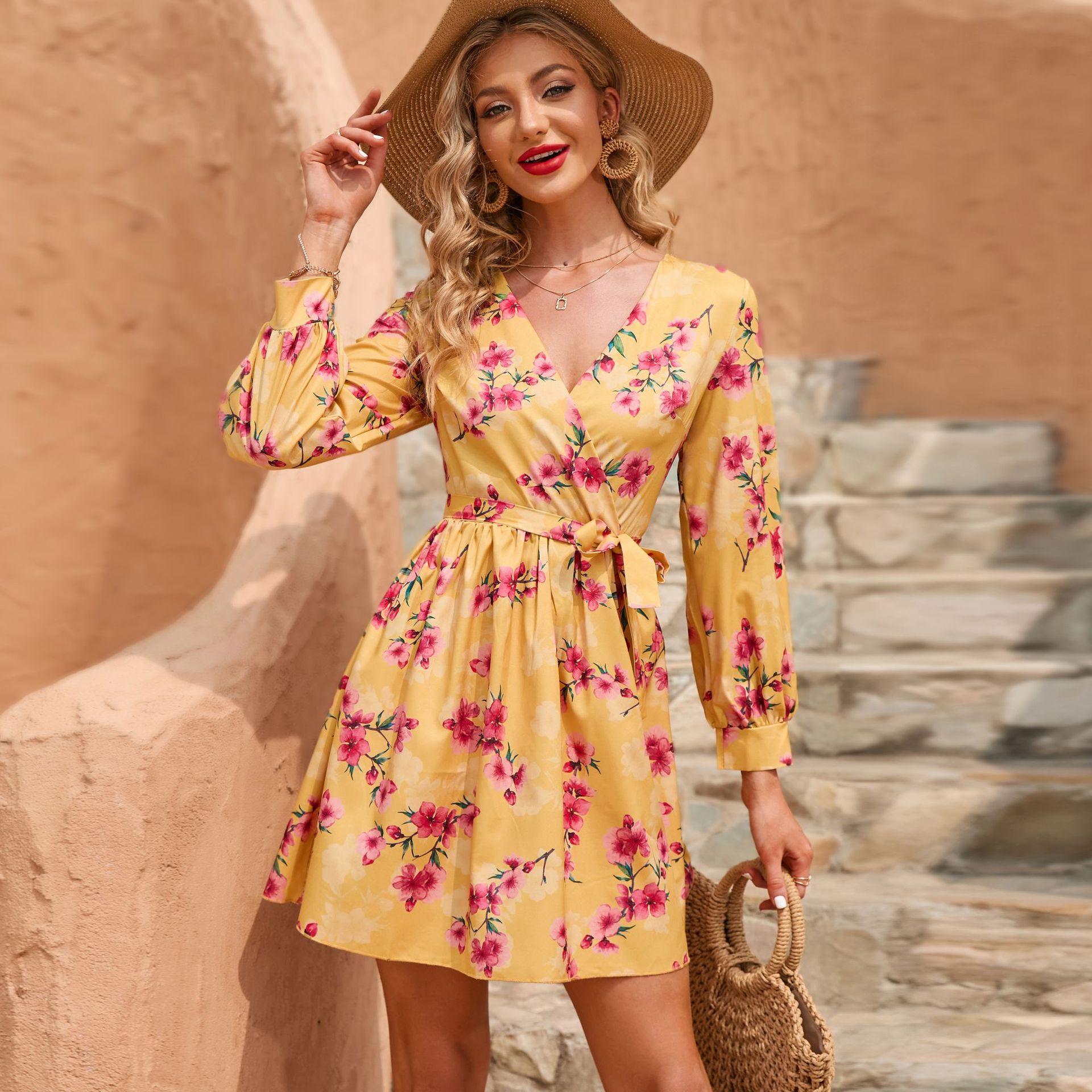 Yellow Flower Print Casual V Neck Long Sleeve Sexy Mini Dresses