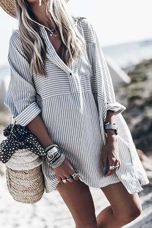 Womens Striped Long Sleeve Button Dress-Allyzone-Allyzone
