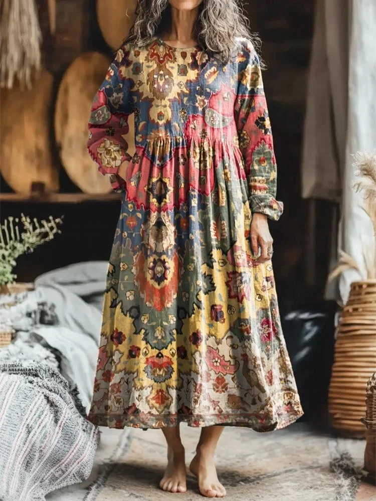 Women's Vintage Floral Art Pattern Print Pocket Cotton Dress