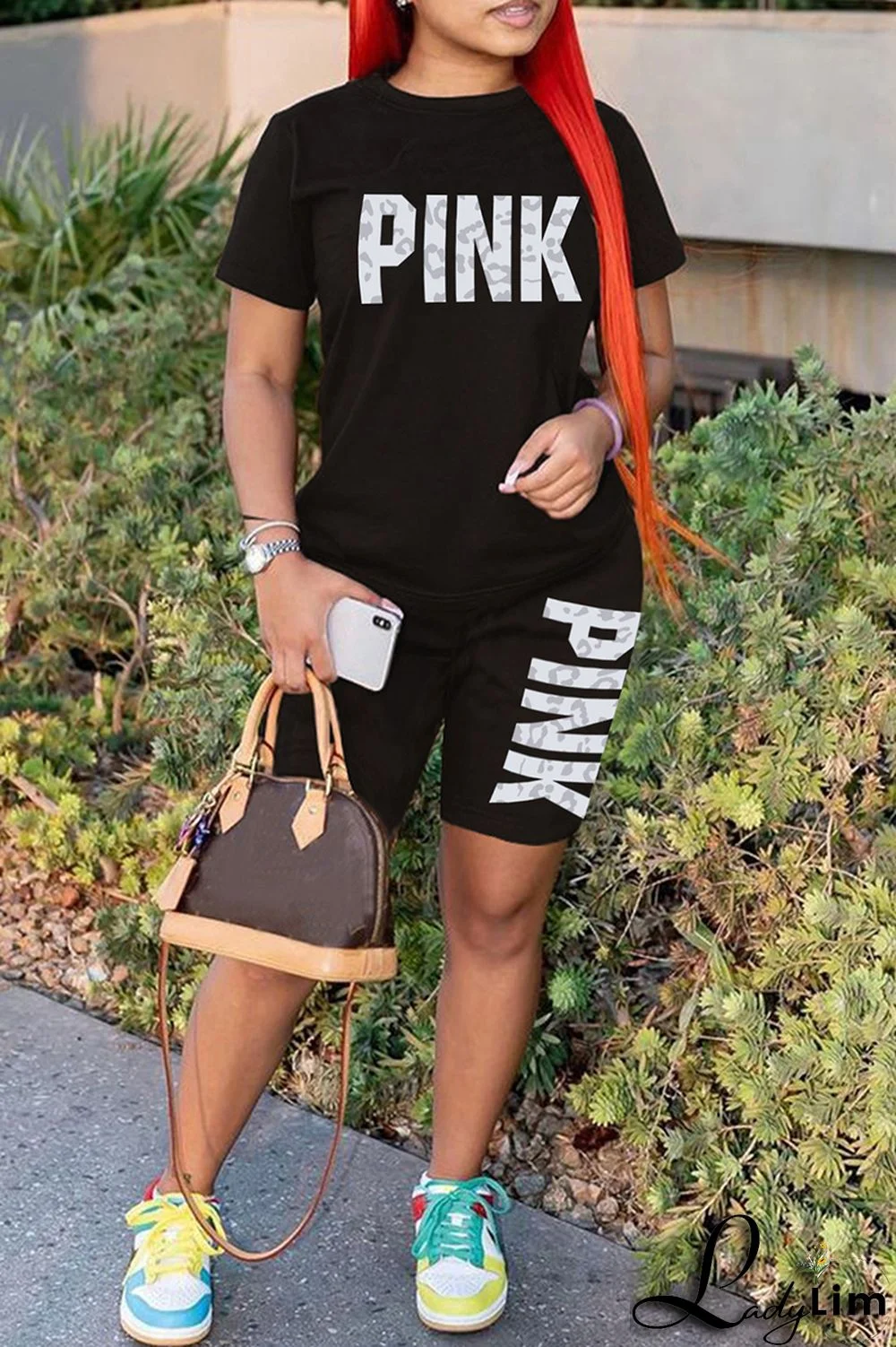 Blue Fashion Casual Letter Print Patchwork O Neck Short Sleeve Two Pieces