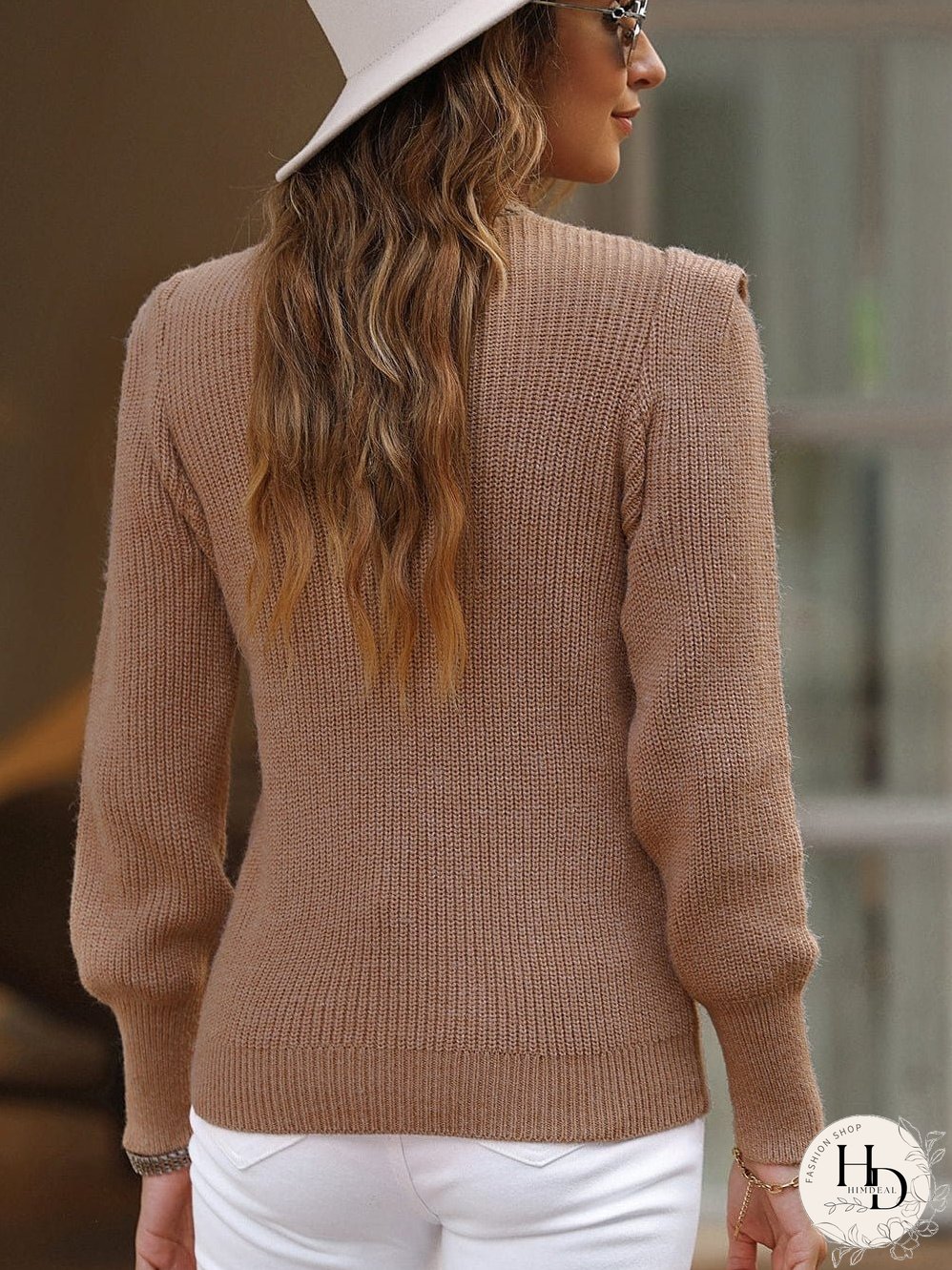 V-neck Knitted Sweater with Puff Sleeves