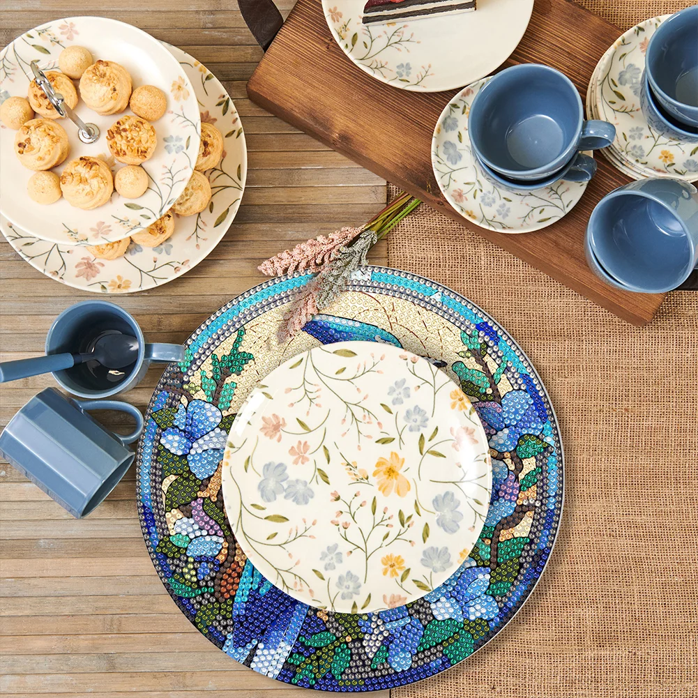 4pcs DIY Bird In The Tree Acrylic Diamond Painted Placemats for Dining Table Decor(19.5cm)