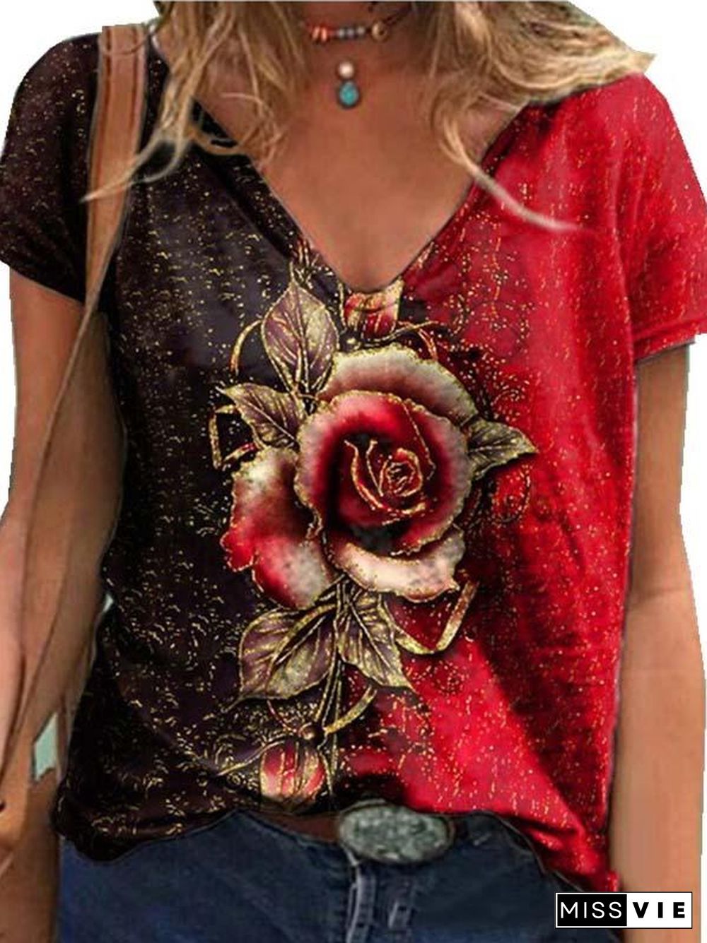 Women's V-neck Short Sleeve Floral Printed Tops