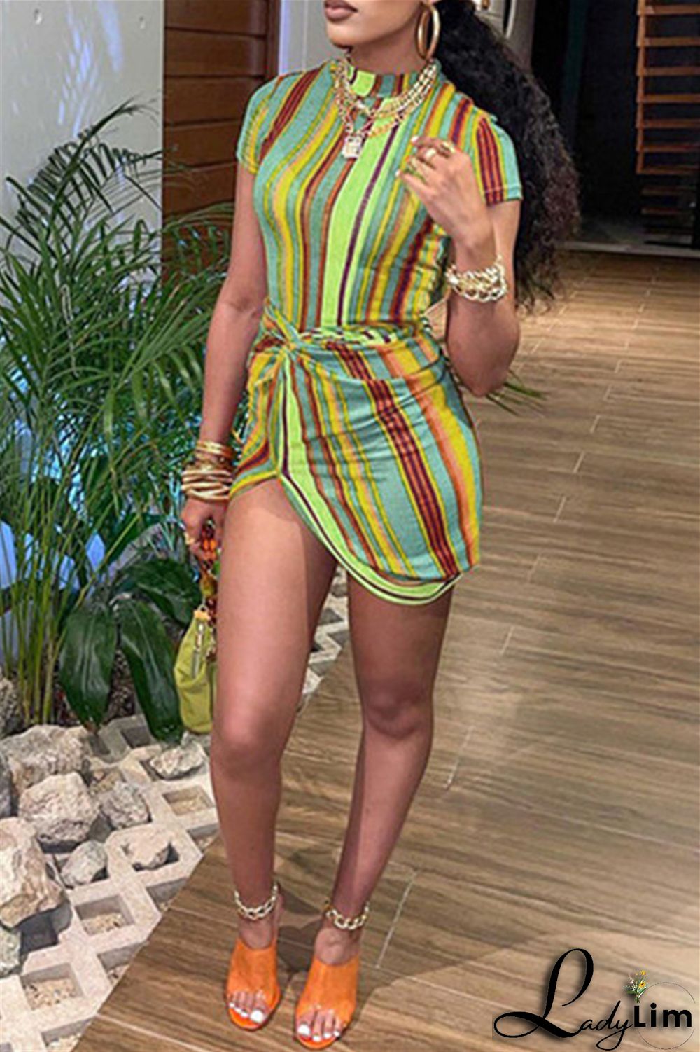 Orange Fashion Casual Striped Print Split Joint Half A Turtleneck Short Sleeve Dress