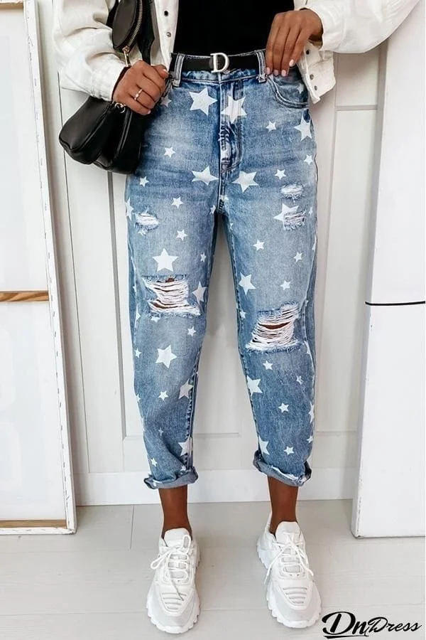 Star Print Loose-fitting Casual Jeans