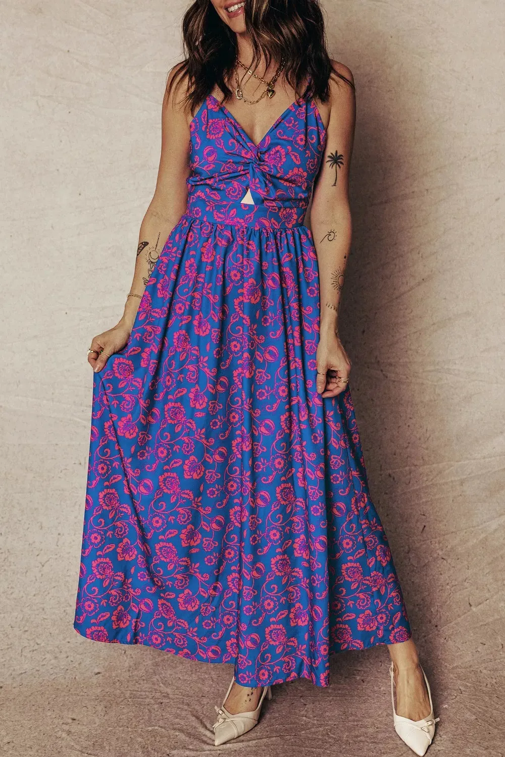 Floral Print Twisted V Neck Tied Backless Maxi Dress mysite idetrend