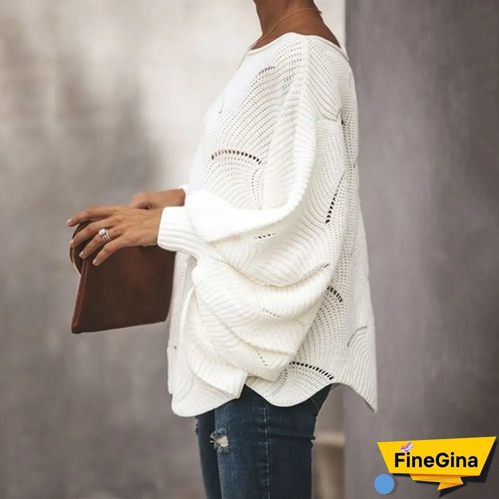 Women Plus Size Fashions Pure Color Hollow Out Bat Sleeve Loose Sweaters Ladies Autumn Winter Pullovers Tops S-5XL