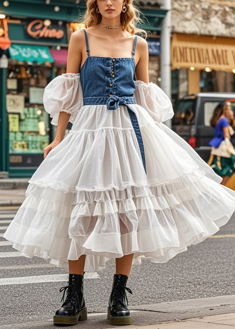 VCSHOES Cold Shoulder Patchwork Denim Tulle Maxi Dresses Puff Sleeve