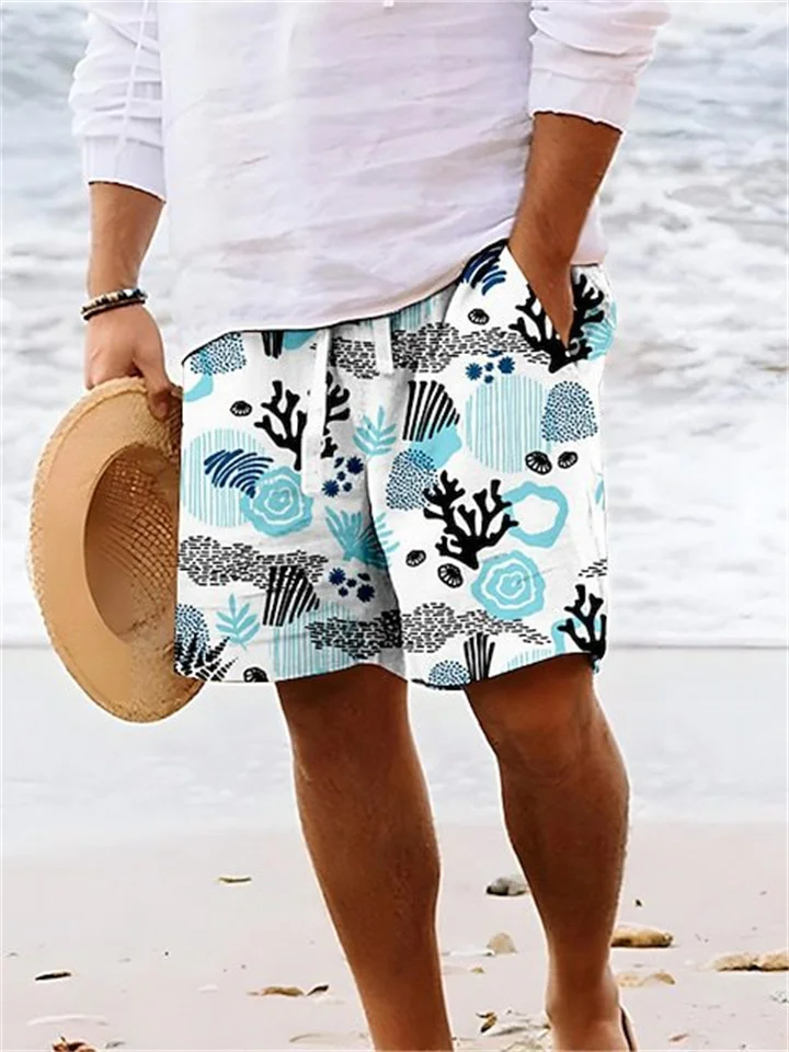 Beach Drawstring Casual Shorts Botanical 3D Print Blue Green Purple