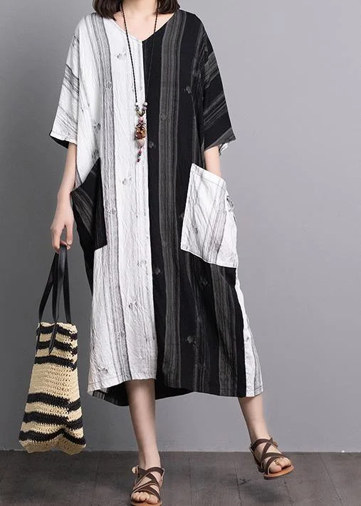 Bohemian black white patchwork linen dresses v neck pockets A Line summer Dress