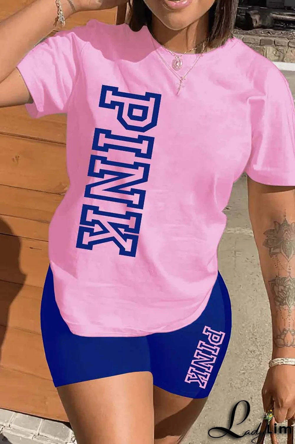 Black Casual Print Letter O Neck Short Sleeve Two Pieces