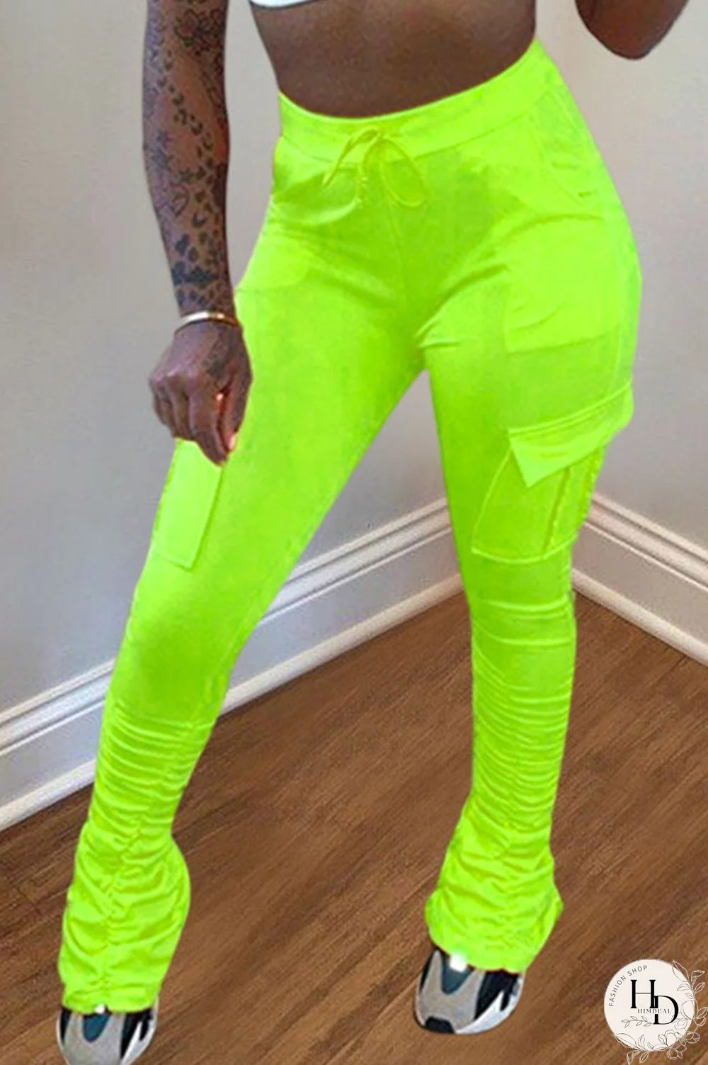 Yellow Drawstring High Solid Pocket Draped Boot Cut Pants Bottoms