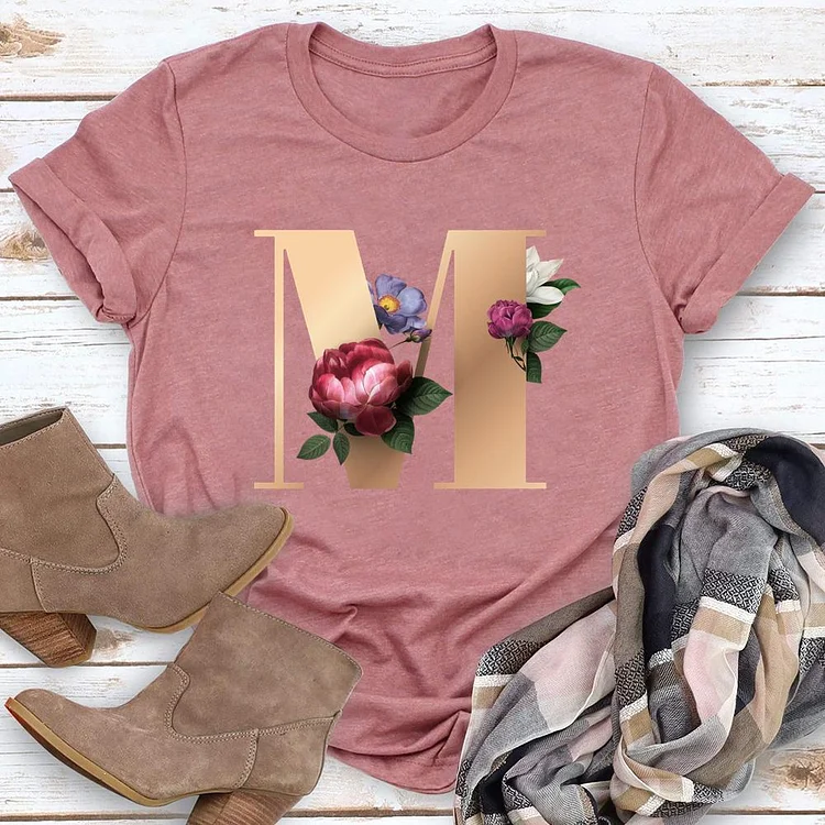 Floral Alphabet Font Letter M Round Neck T-shirt