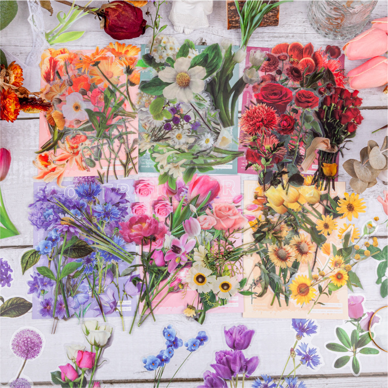 PET 스티커 - 꽃 글자 시리즈 빈티지 식물 꽃무늬