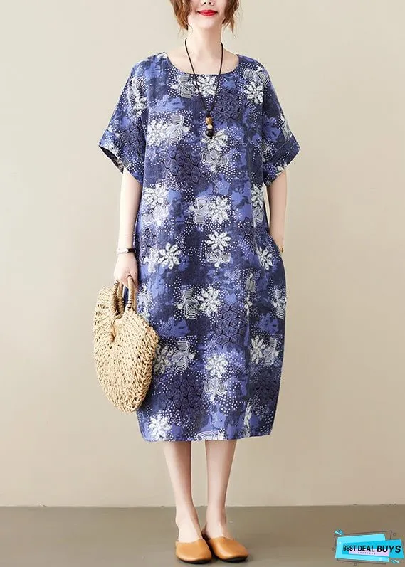 Unique Blue O-Neck Print Long Dresses Short Sleeve