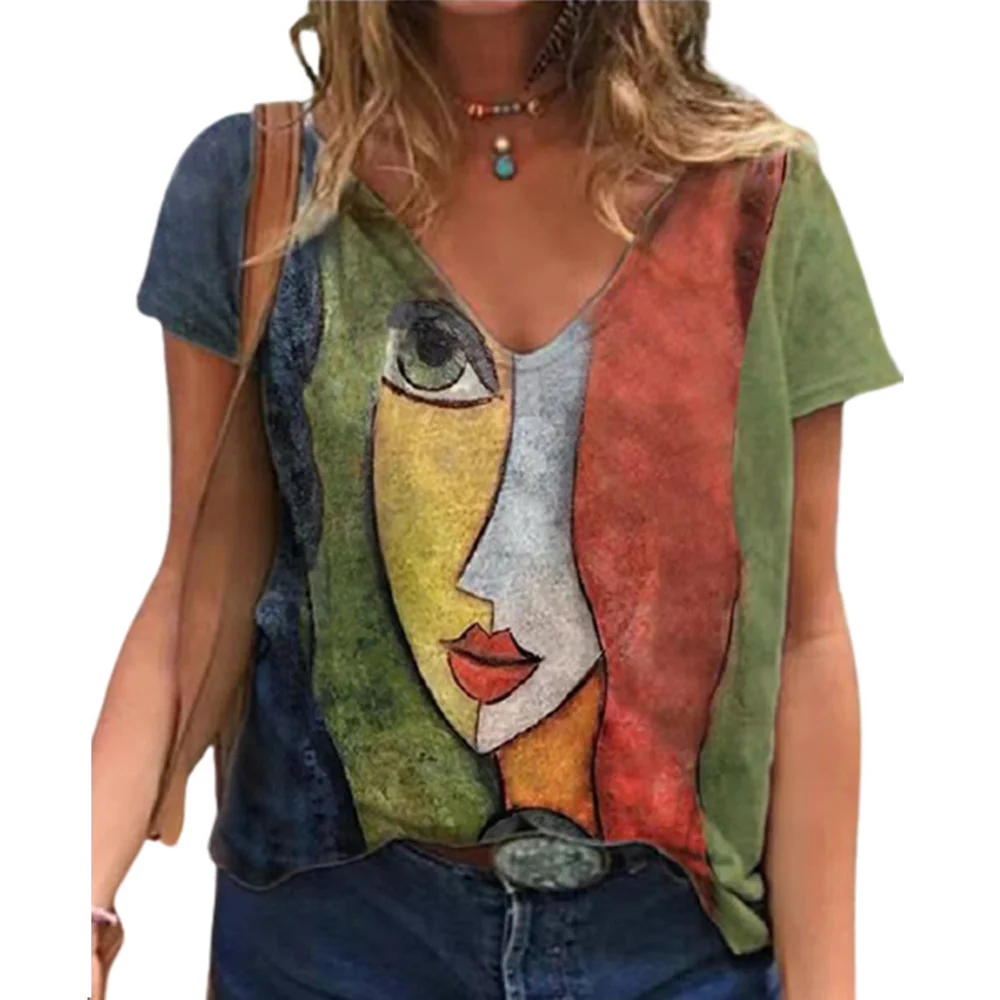 Meladen™ T-Shirt mit V-Ausschnitt und abstrakter Figur