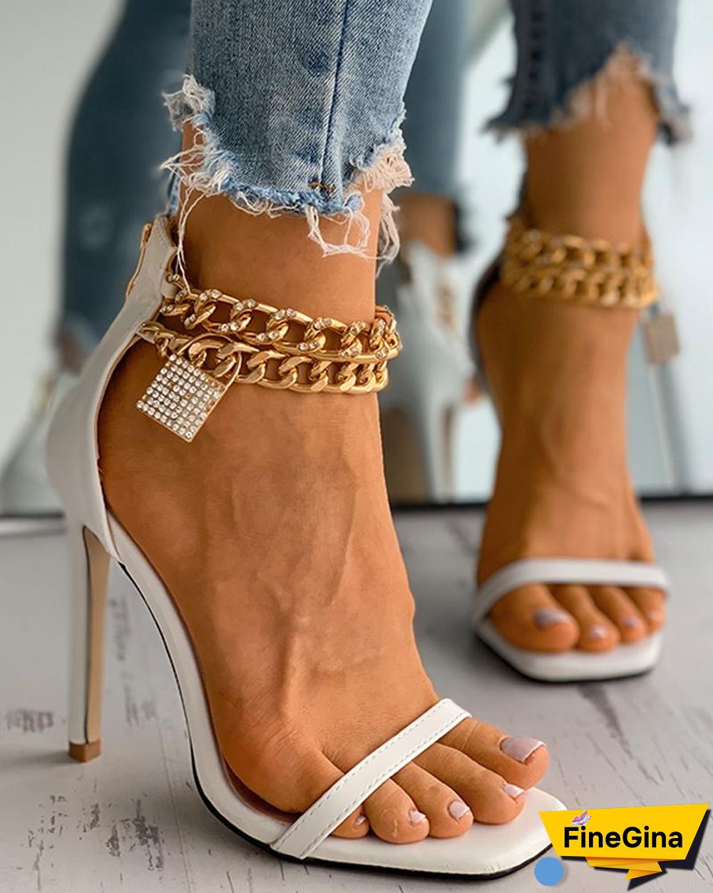 Lock Pattern Studded Chain Strap Stiletto Heels