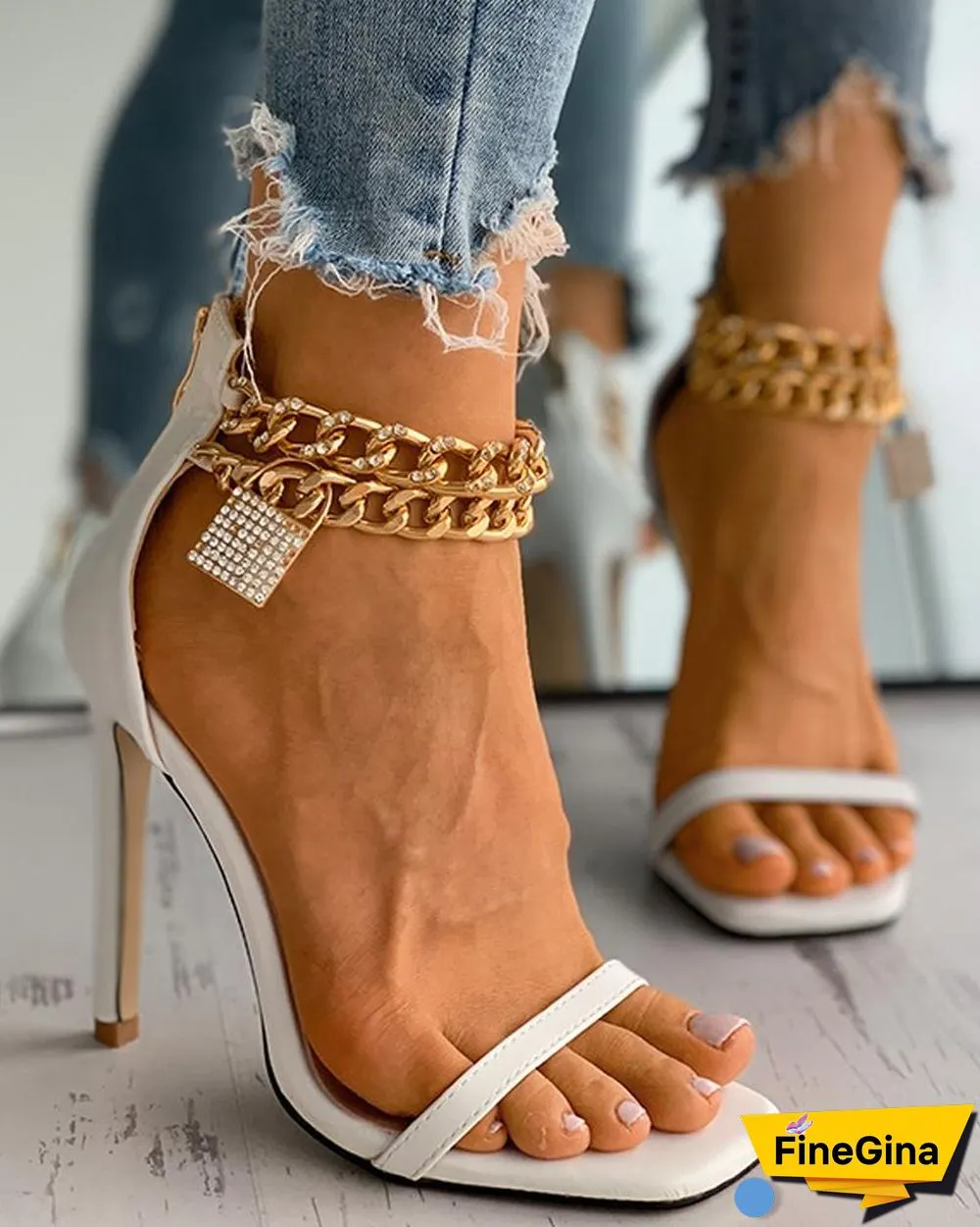 Lock Pattern Studded Chain Strap Stiletto Heels
