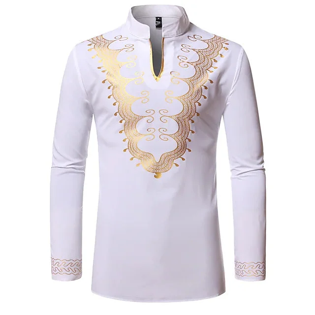 Men's Collared Shirt Graphic Stand Collar Party Street Print Long Sleeve Tops Elegant Fashion Streetwear Cool White